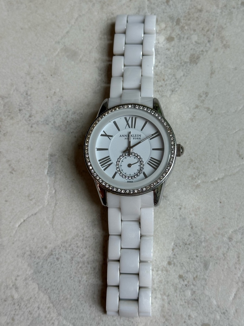 Anne Klein White Ceramic Crystal Bezel Watch 12/2199WTWB Quartz Working - Picture 2 of 8